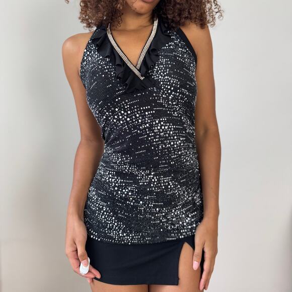 Vintage Italian black rhinestone-speckled halter top (M) - Picture 4 of 7